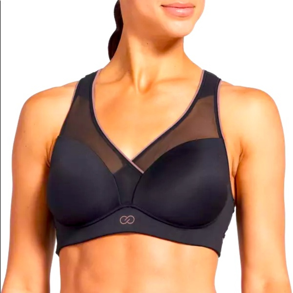CALIA black with brown trim and black mesh bra.